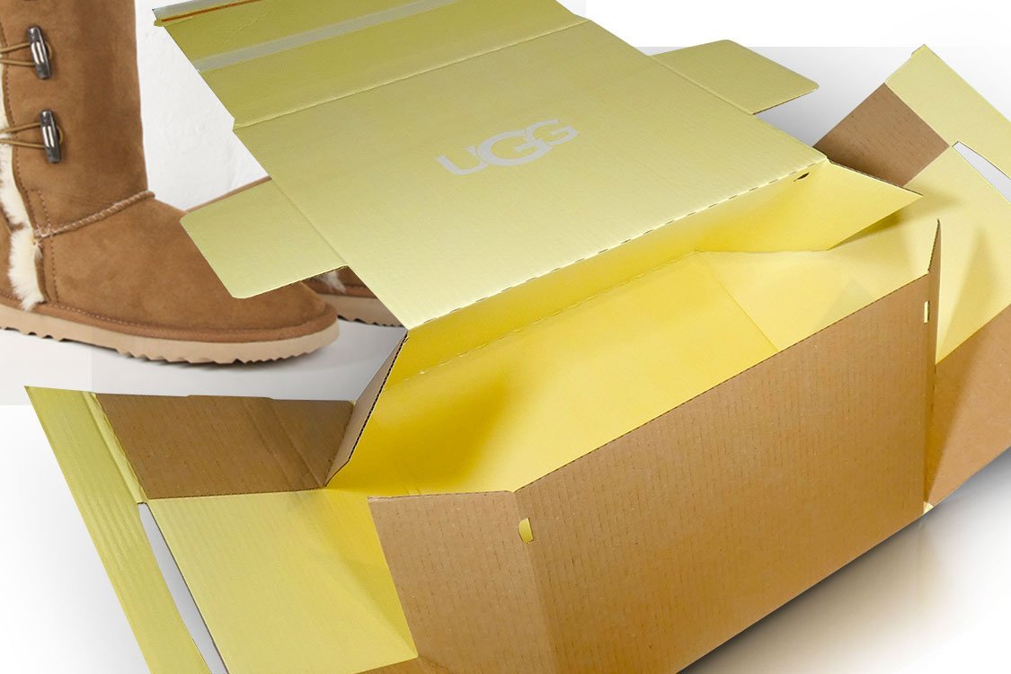 Bespoke packaging cardboard boxes for shoes and boots - UGG boots by Deckers postal packaging for UGG boots Packaging custom printed for UGG boots by Deckers 